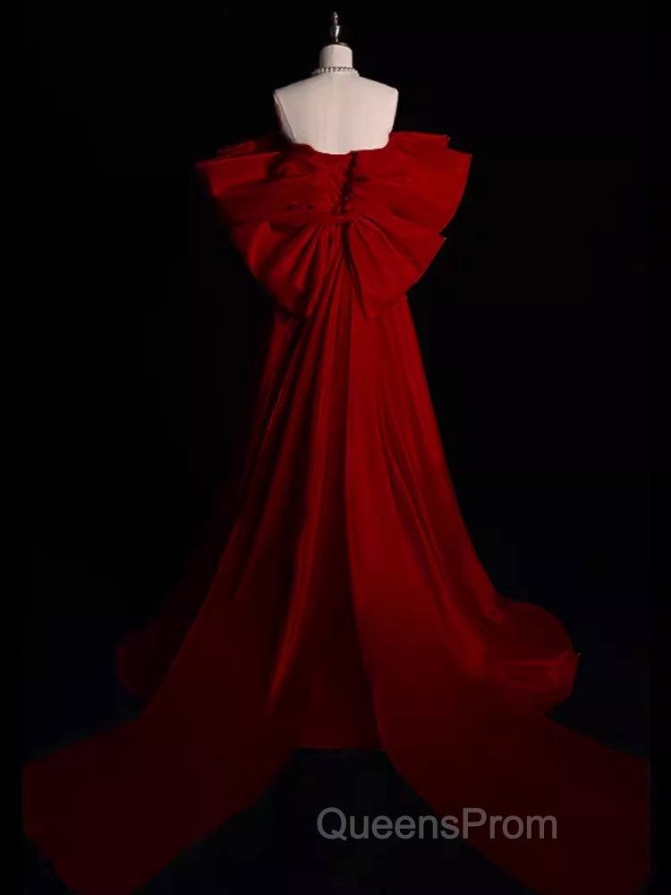 Modest A Line Strapless Long Short Sleeves Satin Red Evening Prom Dress