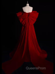 Modest A Line Strapless Long Short Sleeves Satin Red Evening Prom Dress