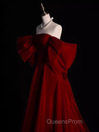 Modest A Line Strapless Long Short Sleeves Satin Red Evening Prom Dress