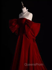 Modest A Line Strapless Long Short Sleeves Satin Red Evening Prom Dress