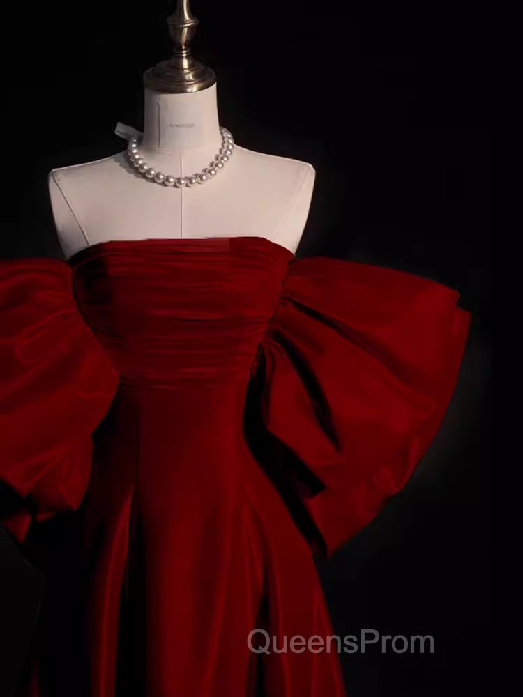 Modest A Line Strapless Long Short Sleeves Satin Red Evening Prom Dress
