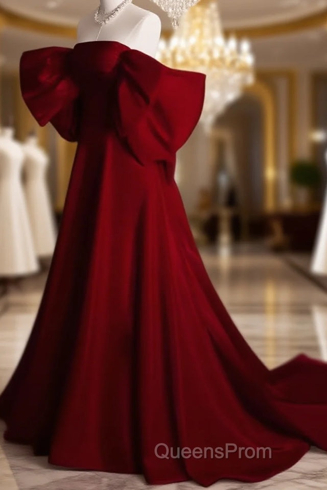 Modest A Line Strapless Long Short Sleeves Satin Red Evening Prom Dress Main image