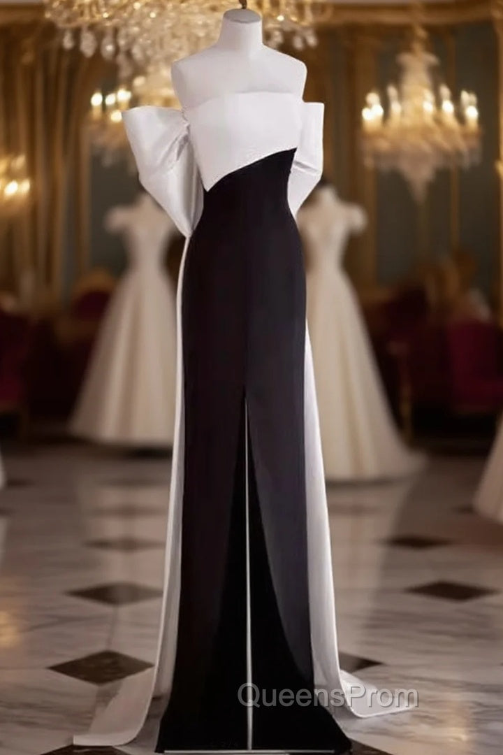 Modest A Line Strapless Long Sleeveless Satin Black Evening Prom Dress
