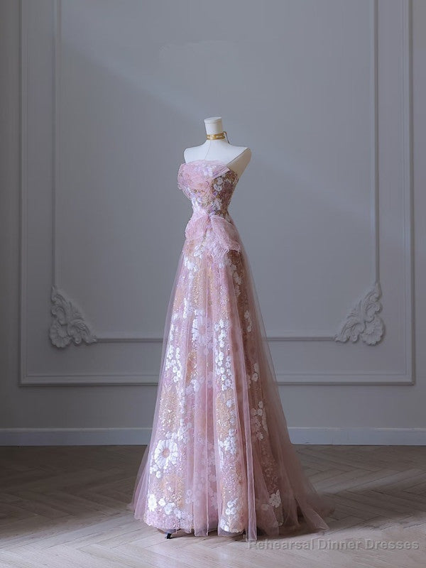 Modest A Line Strapless Pink Tulle Flowers Evening Dress Prom Dresses Secondary image