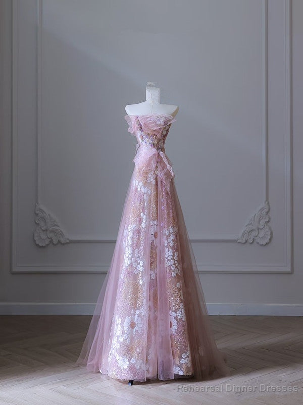Modest A Line Strapless Pink Tulle Flowers Evening Dress Prom Dresses Main image