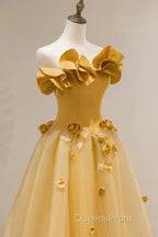Modest A Line Strapless Yellow Tulle Long Evening Prom Dress Party Dress
