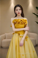 Modest A Line Strapless Yellow Tulle Long Evening Prom Dress Party Dress