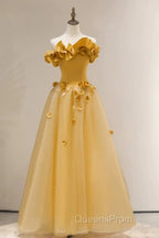 Modest A Line Strapless Yellow Tulle Long Evening Prom Dress Party Dress
