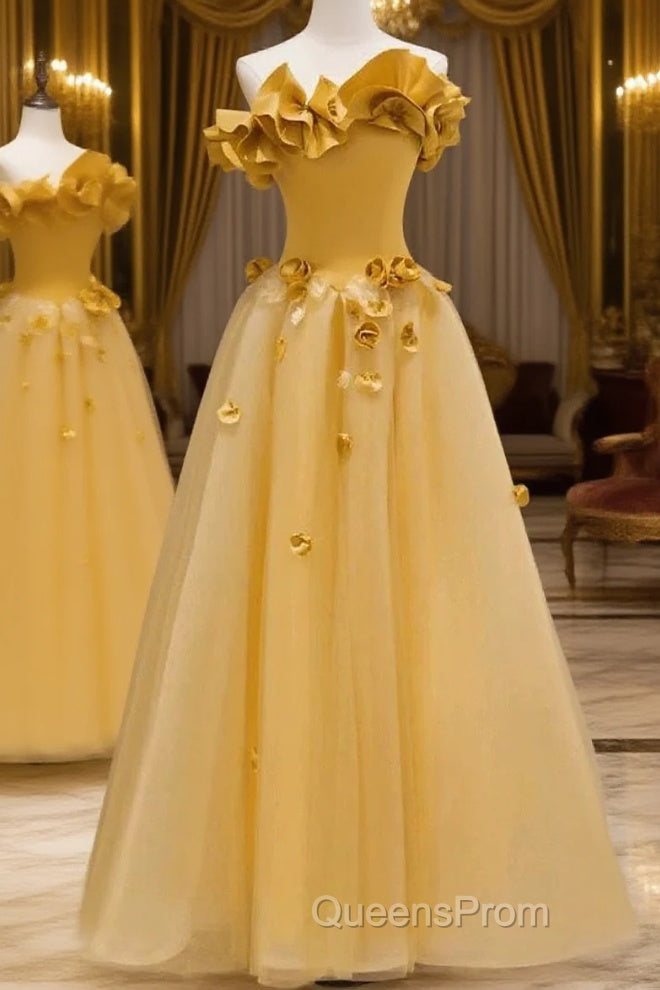 Modest A Line Strapless Yellow Tulle Long Evening Prom Dress Party Dress