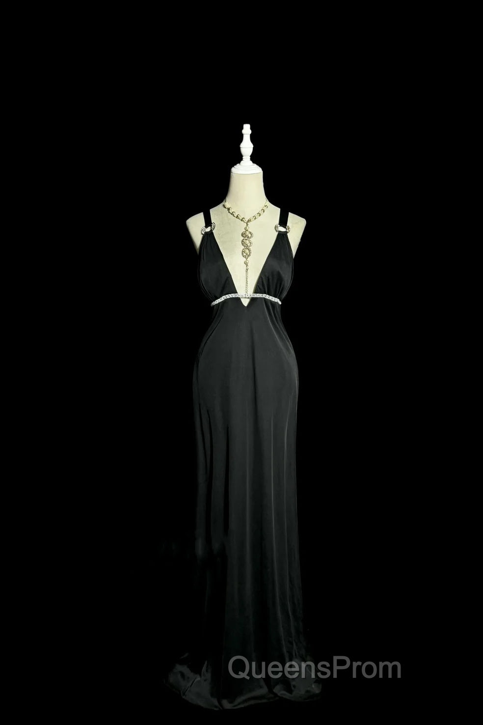 Modest A Line Straps Black Satin Long Evening Prom Dress Party Dress Secondary image
