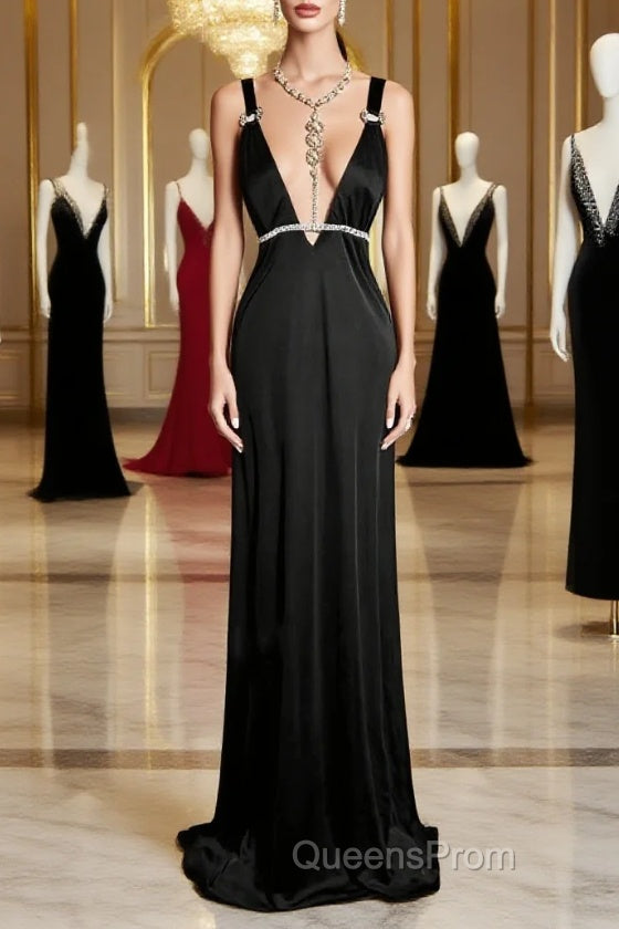Modest A Line Straps Black Satin Long Evening Prom Dress Party Dress Main image