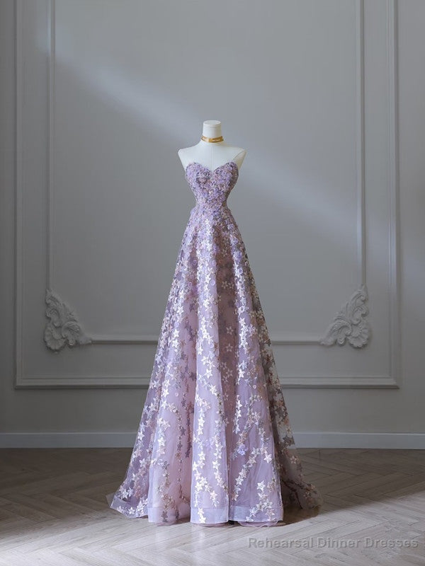 Modest A Line Sweetheart Lilac Lace Tulle Flowers Evening Dress Prom Dresses Main image