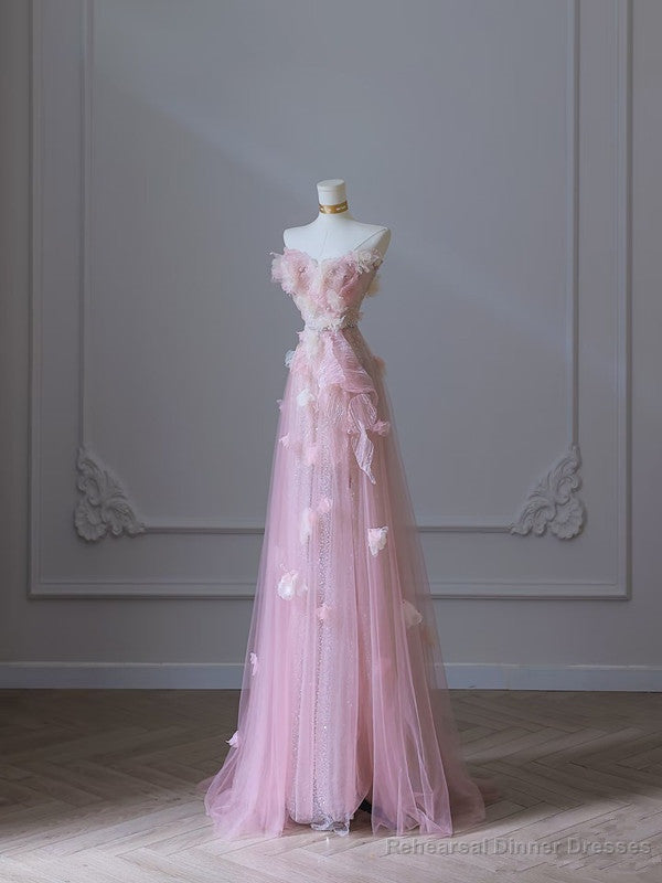 Modest A Line Sweetheart Pink Tulle Sequin Flowers Evening Dress Prom Dresses Secondary image