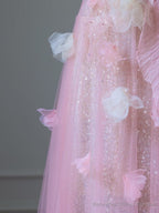 Modest A Line Sweetheart Pink Tulle Sequin Flowers Evening Dress Prom Dresses