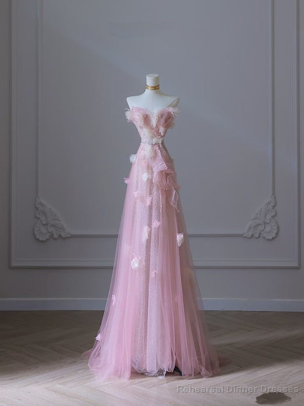 Modest A Line Sweetheart Pink Tulle Sequin Flowers Evening Dress Prom Dresses Main image