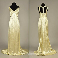 Modest A Line V Neckline Yellow Satin Beads Long Party Dress Evening Prom Dress