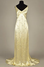Modest A Line V Neckline Yellow Satin Beads Long Party Dress Evening Prom Dress