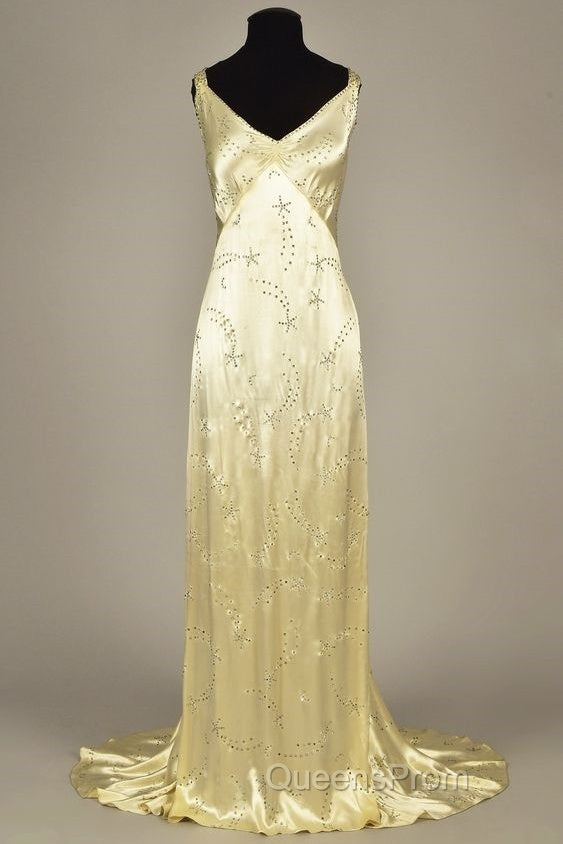 Modest A Line V Neckline Yellow Satin Beads Long Party Dress Evening Prom Dress