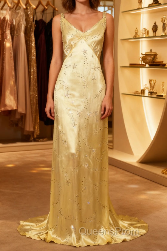 Modest A Line V Neckline Yellow Satin Beads Long Party Dress Evening Prom Dress