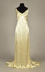 Modest A Line V Neckline Yellow Satin Beads Long Party Dress Classy Prom Dress