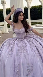 Modest Ball Gown Off The Shoulder Lilac Lace Tulle Long Quinceanera Dress Classy Gowns Vestido De 15 Anos Sweet 16 Dress
