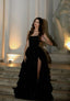 Modest Ball Gown Strapless Black Sequin Floor Length Slit Classy Prom Dress Classy Evening Gowns