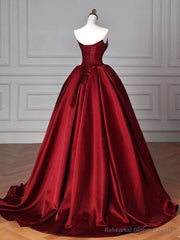 Modest Ball Gown Strapless Burgundy Satin Floor Length Evening Dress Prom Dresses