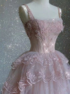 Modest Ball Gown Straps Pink Tulle Classy Prom Dress 22Th Birthday Outfit