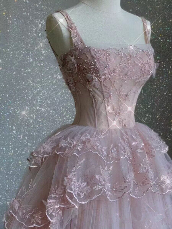 Modest Ball Gown Straps Pink Tulle Classy Prom Dress 22Th Birthday Outfit