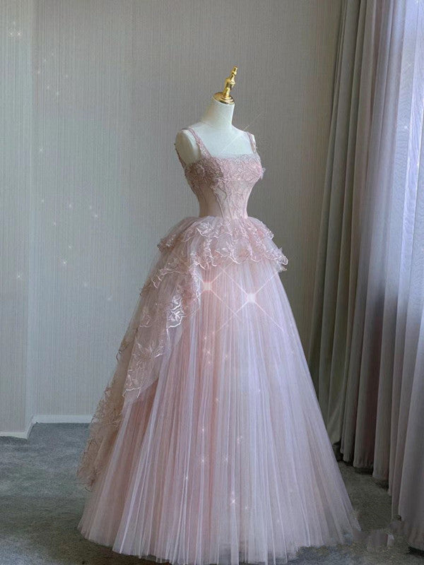 Modest Ball Gown Straps Pink Tulle Classy Prom Dress 22Th Birthday Outfit