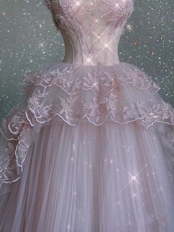 Modest Ball Gown Straps Pink Tulle Classy Prom Dress 22Th Birthday Outfit
