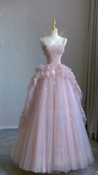 Modest Ball Gown Straps Pink Tulle Classy Prom Dress 22Th Birthday Outfit