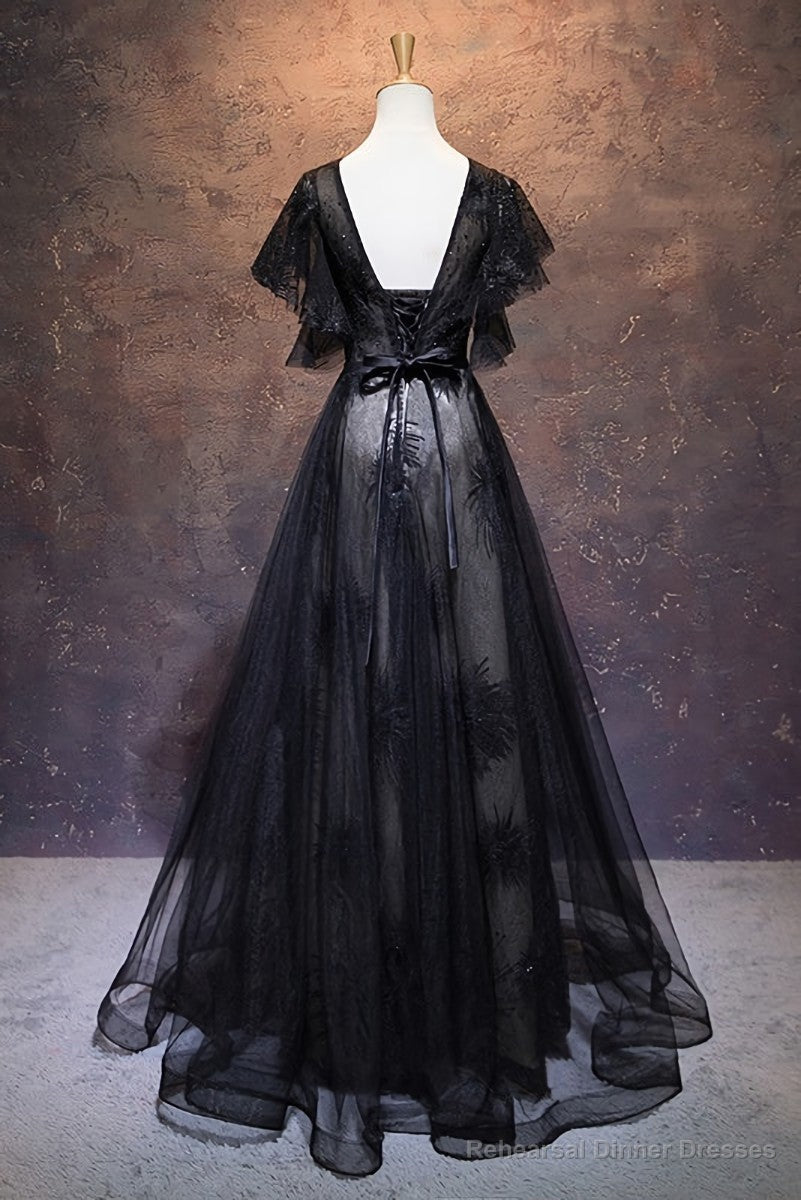 Modest Black Long A-line V-neck Black Prom Dresses Chic Party Dress Secondary image