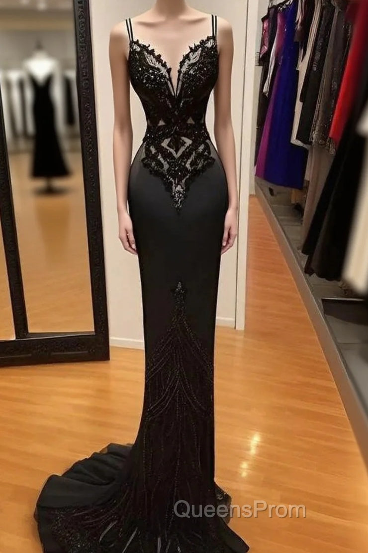 Modest Black Spaghetti Strap Mermaid Satin Evening Prom Dress Long Evening Prom Dress Main image