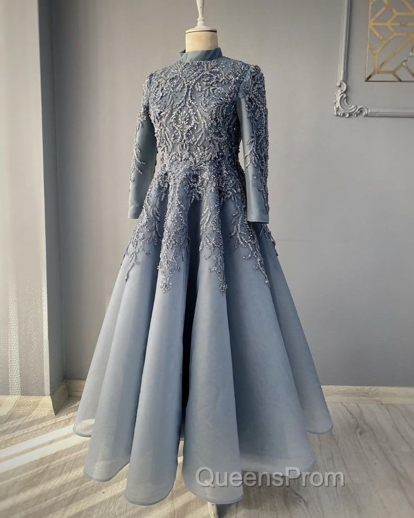 modest blue Evening Prom Dress lace emroidery evening Dress