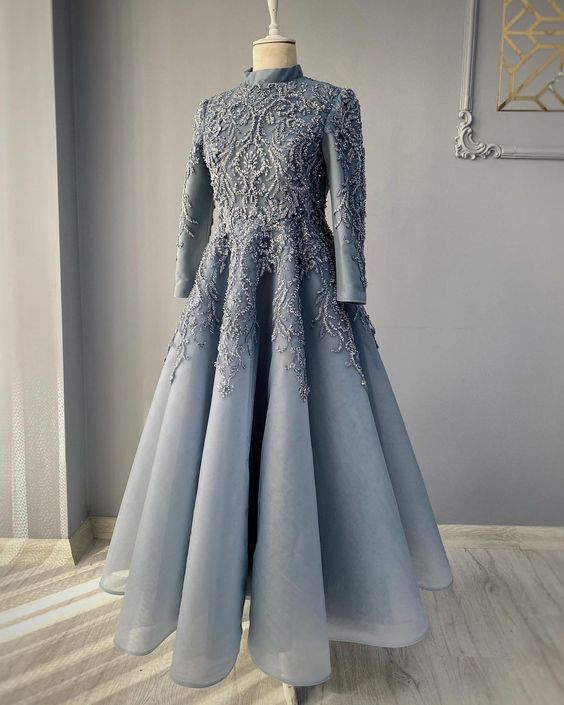 Modest Blue Classy Prom Dress Lace Emroidery Classy Evening Dress Secondary image