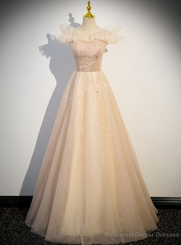 Modest Champagne Tulle Sequins Off the Shoulder Prom Dress Main image