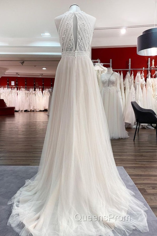 Modest Long A-line Halter Tulle Lace Backless Wedding Dress Secondary image