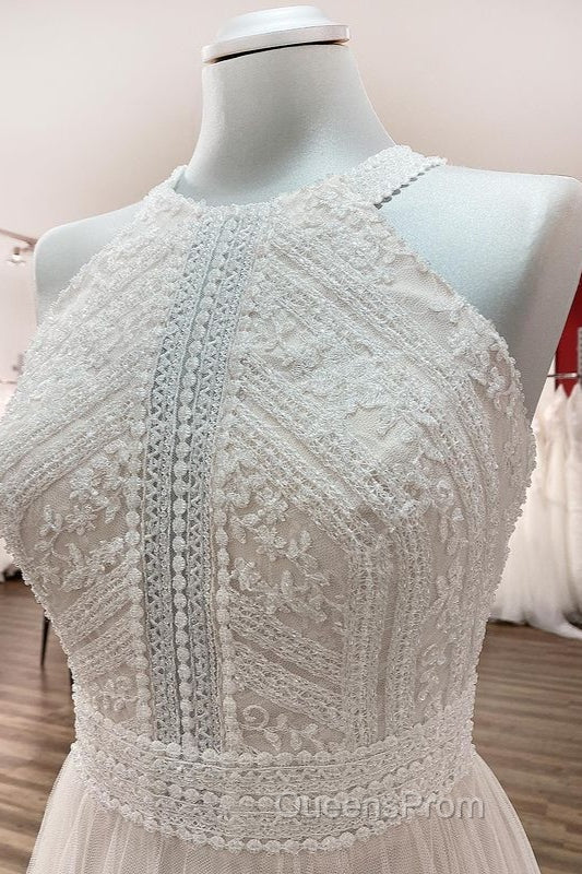 Modest Long A-line Halter Tulle Lace Backless Wedding Dress