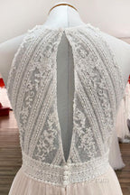 Modest Long A-line Halter Tulle Lace Backless Wedding Dress