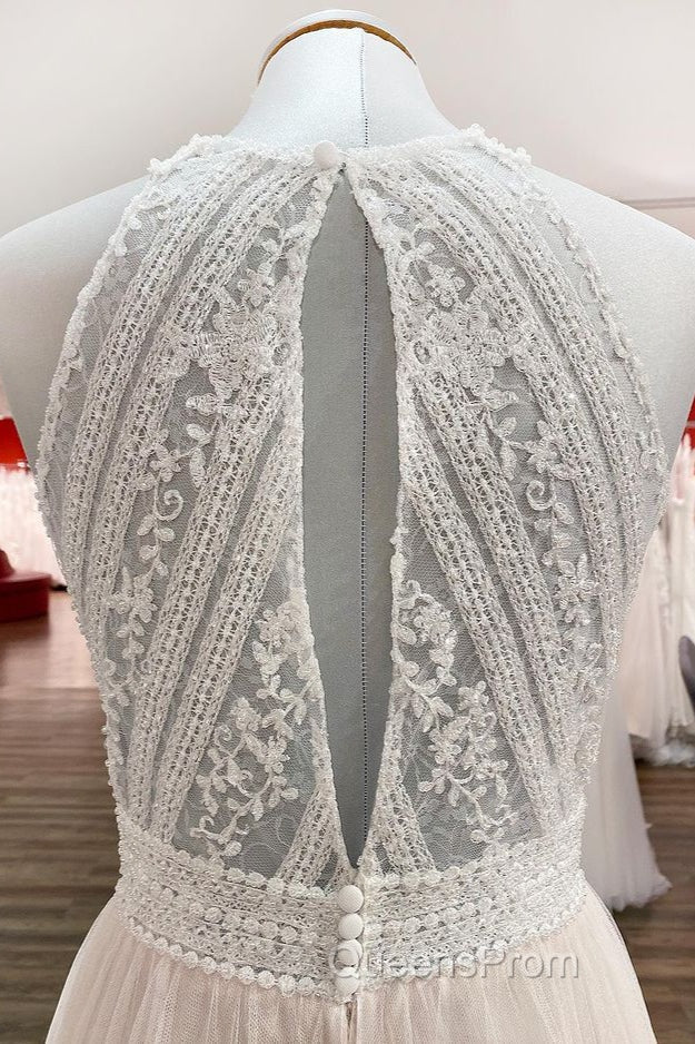 Modest Long A-line Halter Tulle Lace Backless Wedding Dress