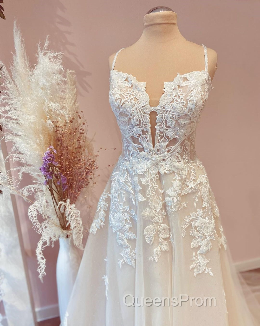 Modest Long A-line Spaghetti Straps Tulle Wedding Dress with Appliques Lace Secondary image