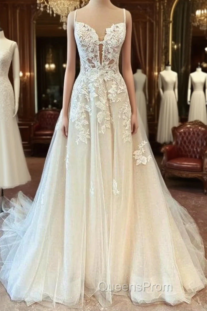 Modest Long A-line Spaghetti Straps Tulle Wedding Dress with Appliques Lace Main image