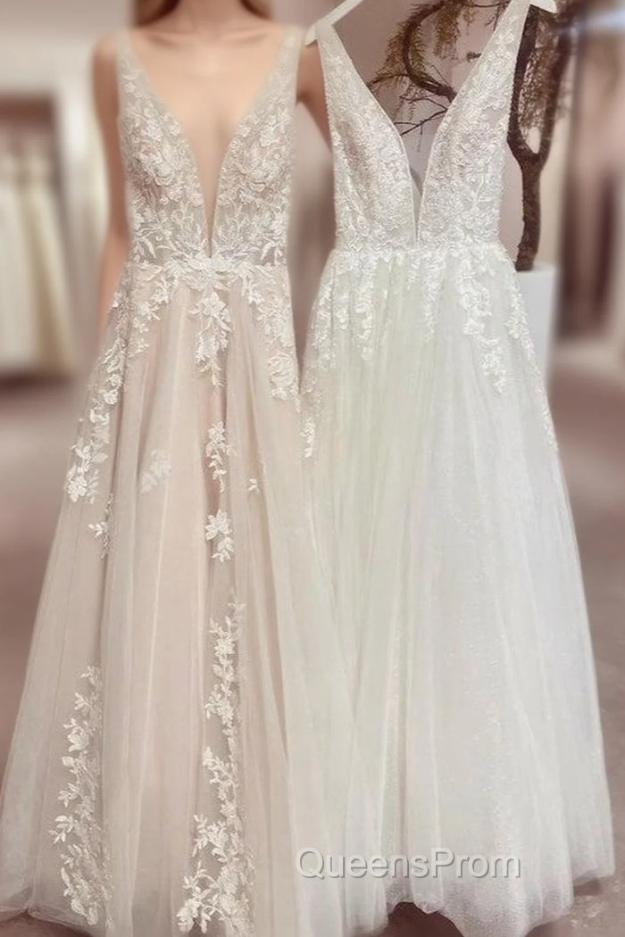 Modest Long A-line V-neck Backless Tulle Lace Wedding Dress Main image