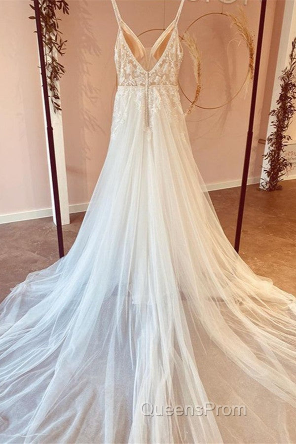Modest Long A-line V-neck Spaghetti Straps Tulle Wedding Dress with Appliques Lace Secondary image