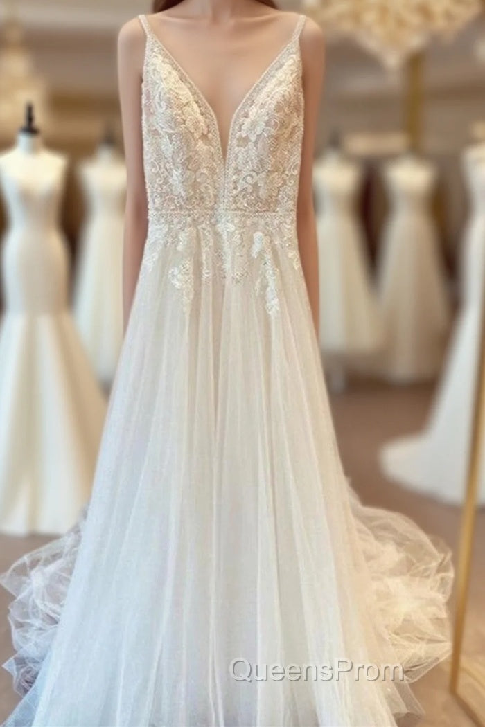 Modest Long A-line V-neck Spaghetti Straps Tulle Wedding Dress with Appliques Lace Main image