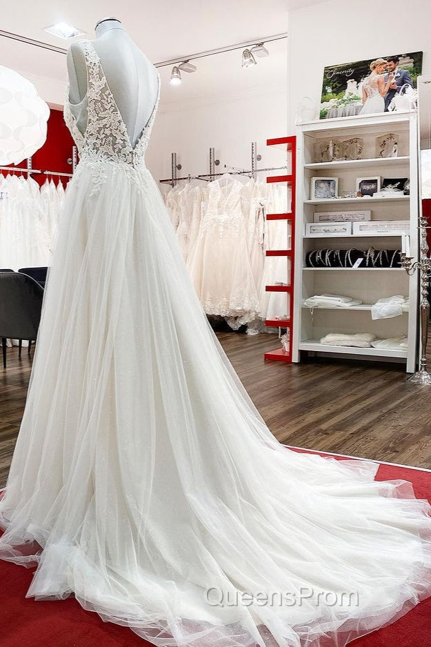 Modest Long A-line V-neck Tulle Ruffles Backless Wedding Dress With Lace