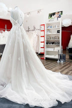 Modest Long Princess V-neck Tulle Spaghetti Straps Wedding Dress with Lace