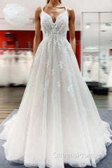 Modest Long Princess V-neck Tulle Spaghetti Straps Wedding Dress with Lace