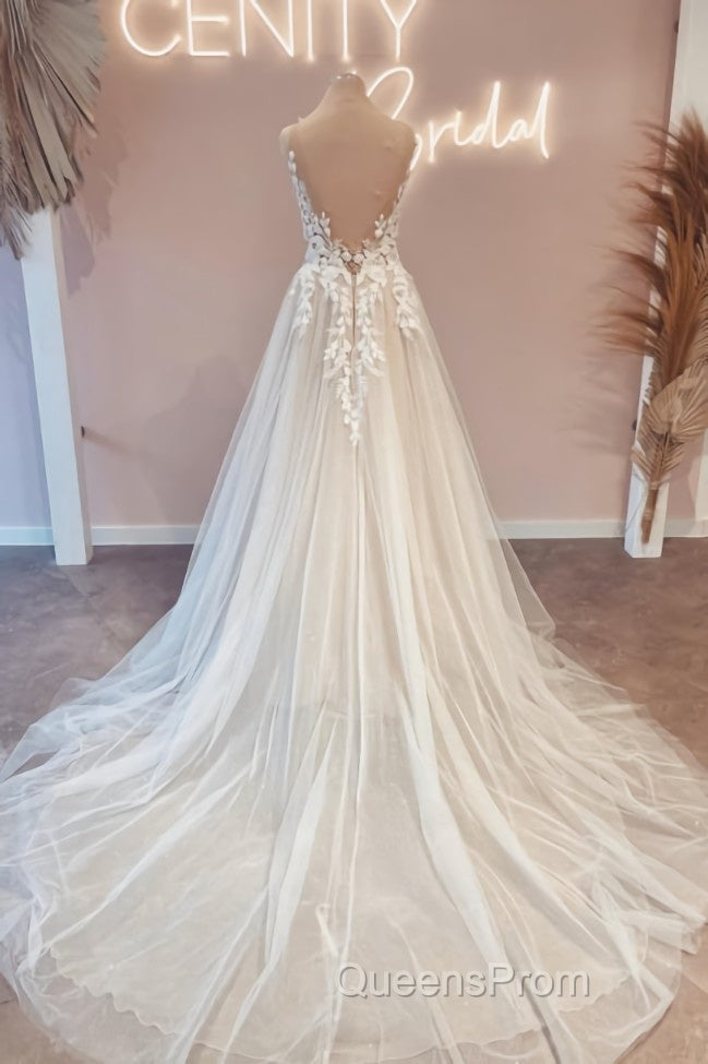 Modest Long V-Neck Sleeveless Lace Backless Wedding Dress Online